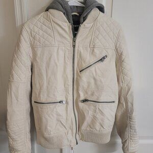 White Express Faux Leather Moto Jacket Coat With Removable Hood Size Small